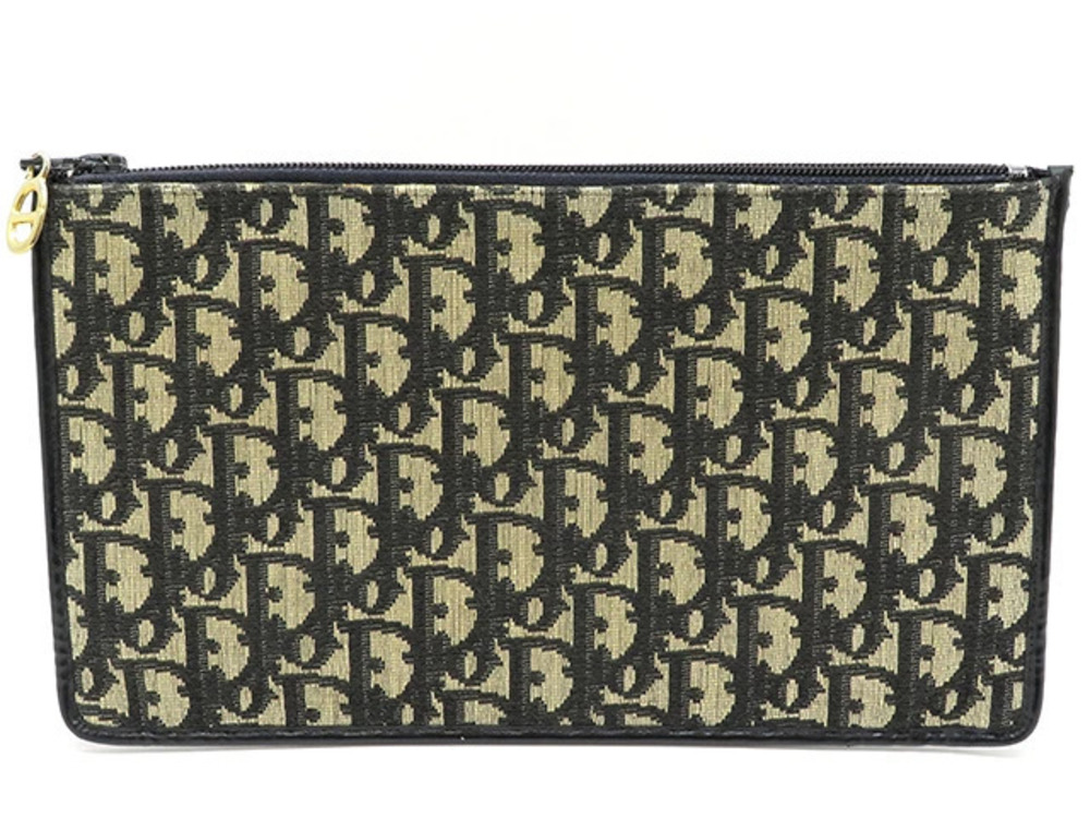 Christian Dior Trotter Clutch Bag Beige Cream Black Canvas Leather